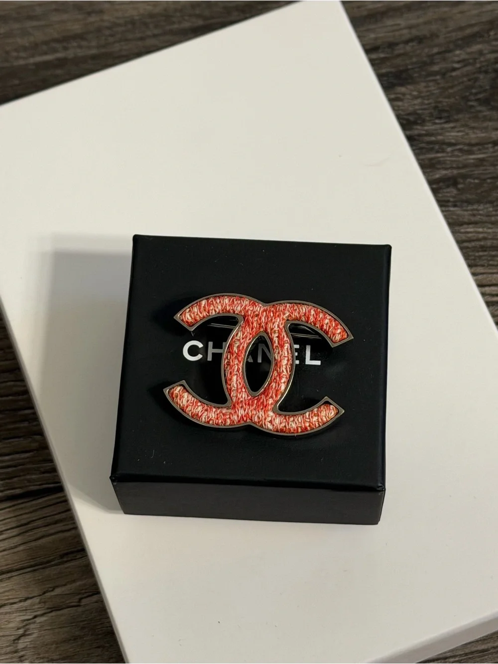 CHANEL Coral Tweed CC Statement Brooch